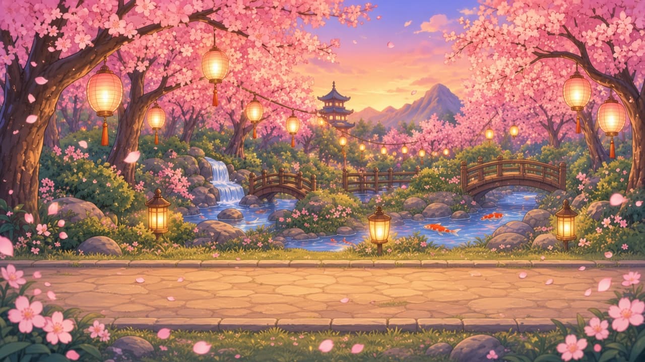 Cherry blossom forest path with hanging lanterns