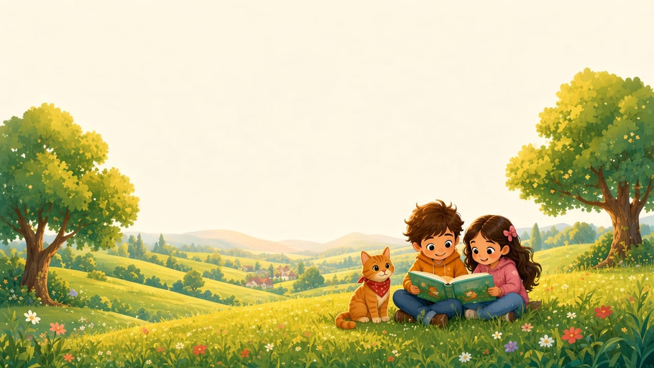 Children reading on a prairie hill with Lisa and Pip